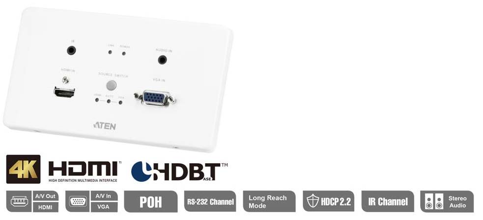 ATEN VE2812AEUT HDMI & VGA HDBaseT Transmitter w/2gang Wall Plate
